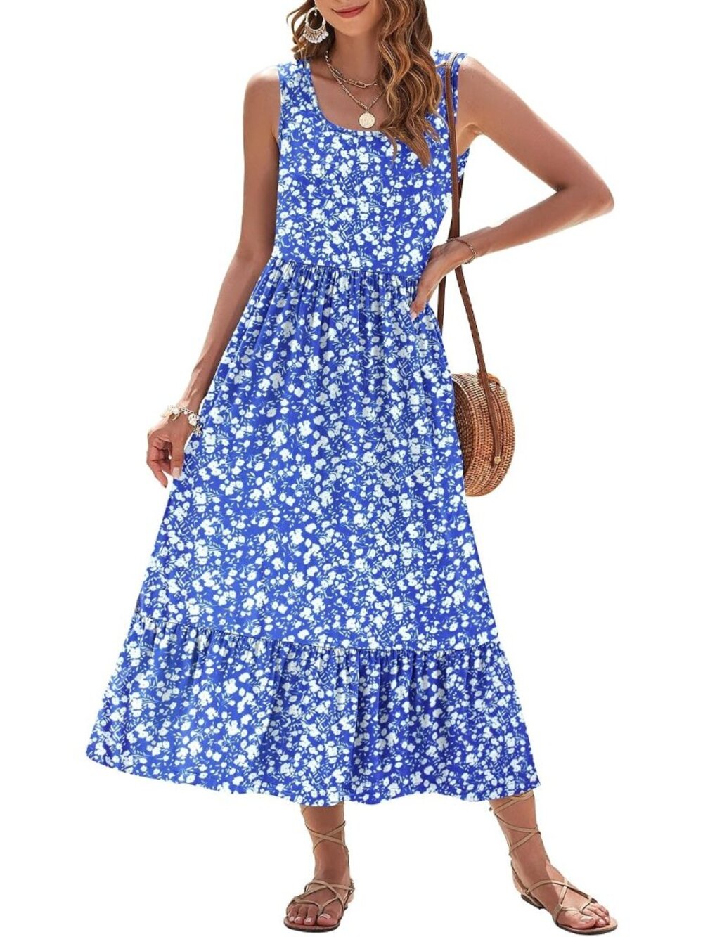 〽️Women's Apricot Black Floral Maxi Dress Square Neck Tiered Sleeveless Pockets
